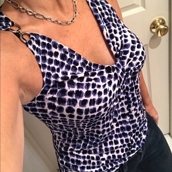 NWOT Michael Kors Top Blue, black, white animal print size PS shoulder chain - Picture 7 of 10